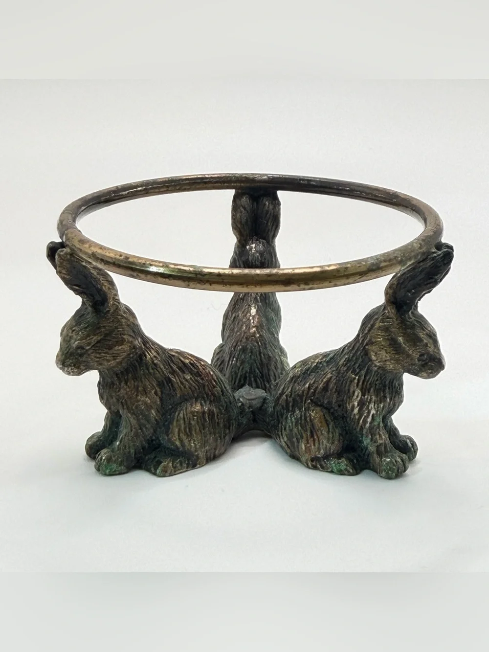 Vintage Pewter 3 Rabbit Bunny Sphere Crystal Ball Egg Display Stand Patina